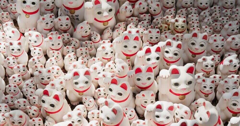 Foto de vários gatinhos brancos e vermelhos de porcelana.