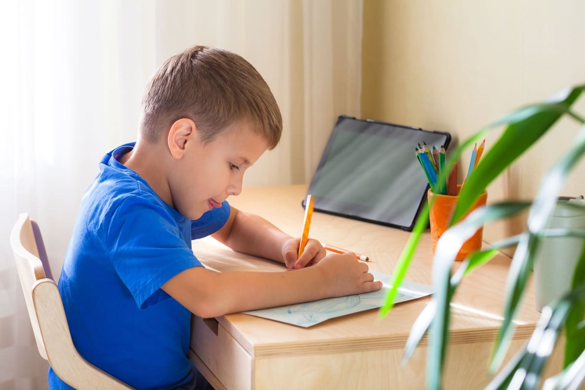 Criança estudando em casa.