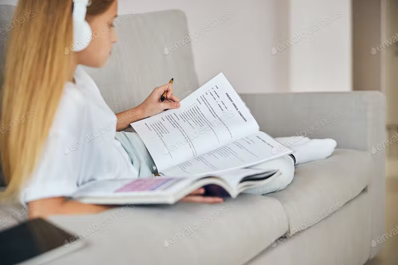 Foto de menina estudando o present perfect em uma apostila.