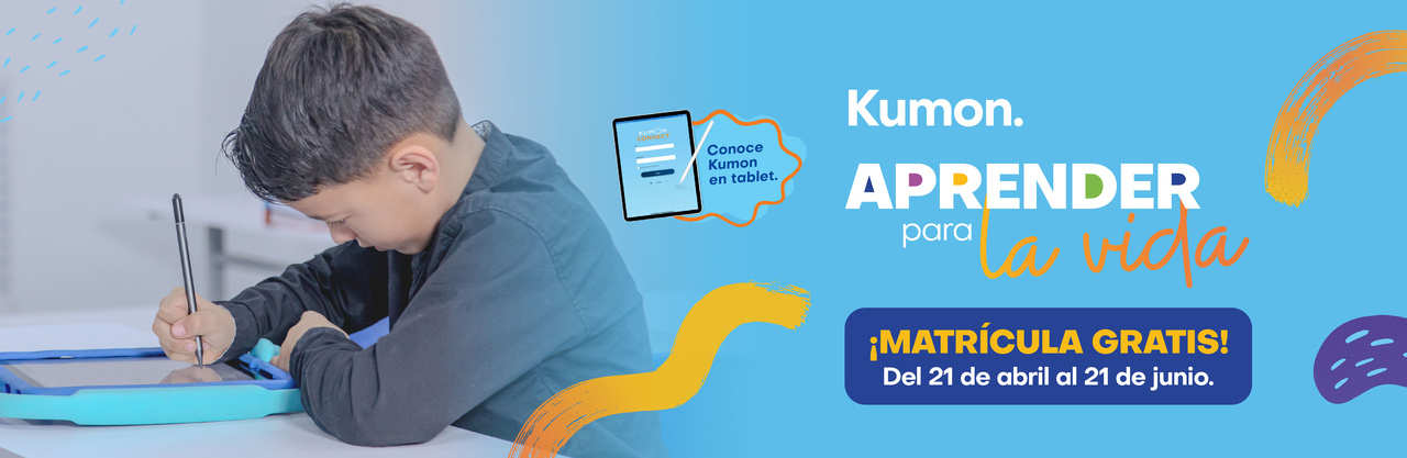 Banner promocional de Kumon Colombia con oferta de inscripción gratuita del 21 de abril al 21 de junio, presentando a un alumno de Kumon utilizando una tableta, con el eslogan 'Aprender para la vida'.