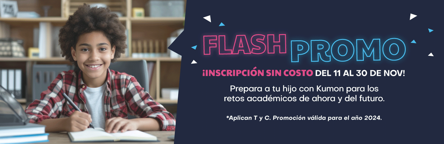 Banner Home Flash Promo Inscripción Sin Costo, alumno estudiando kumon