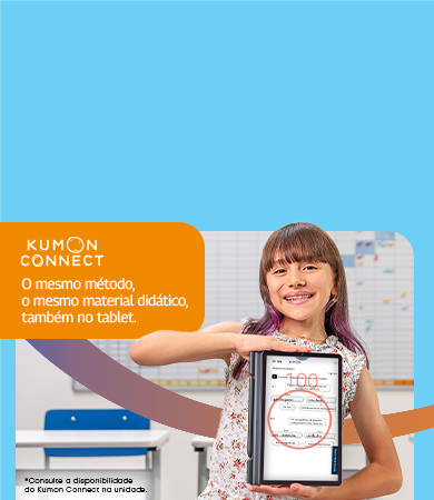 Banner home Kumon Connect, aluna do Kumon com nota máxima no tablet