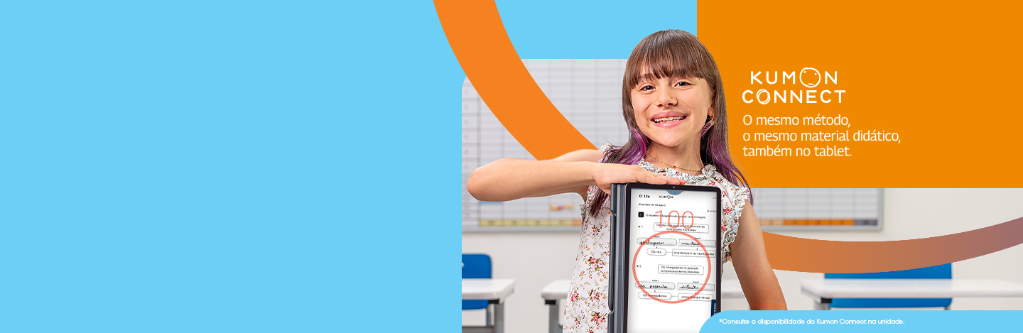 Banner home Kumon Connect, aluna do Kumon com nota máxima no tablet