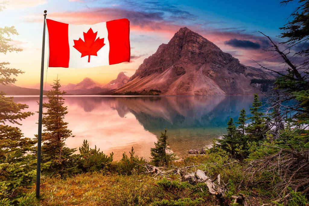 bandeira do Canadá em paisagem representando o inglês canadense