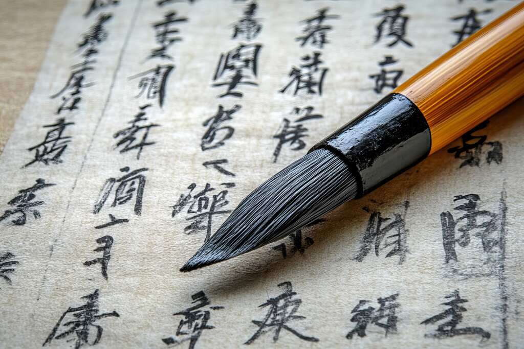 pincel e papel com caracteres em Kanji