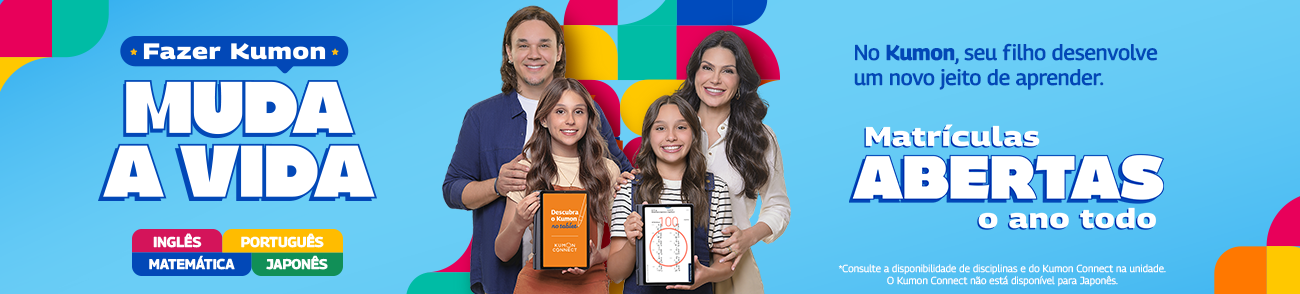 Banner Cursos Kumon, curso de inglês. português, matemática e inglês. Aproveite a Matrículas Abertas. Fazer Kumon Muda a Vida.