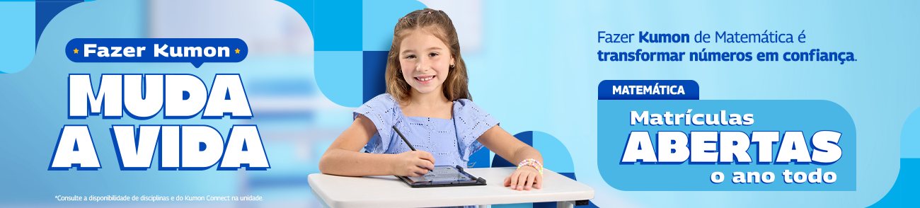 Banner Curso de matemática do Kumon. Fazer Kumon Muda A Vida. Matrículas abertas.