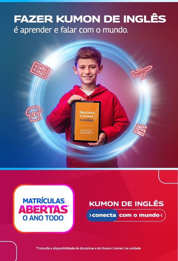 Banner curso de inglês do Kumon. Fazer Kumon de Inglês é aprender a falar com o mundo. Matrículas Abertas.