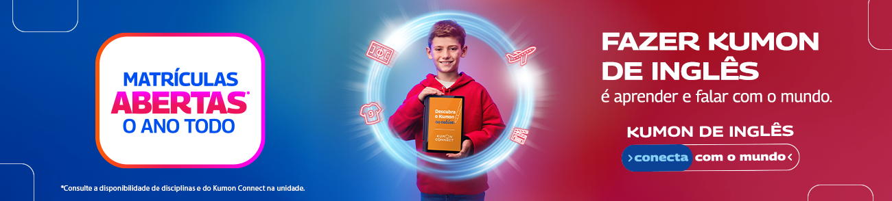 Banner curso de inglês do Kumon. Fazer Kumon de Inglês é aprender a falar com o mundo. Matrículas Abertas.