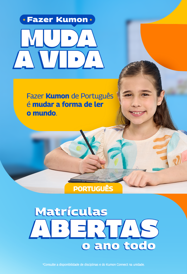 Banner curso de português do Kumon. Fazer Kumon de Português é mudar a forma de ler o mundo. Matrículas abertas o ano todo.