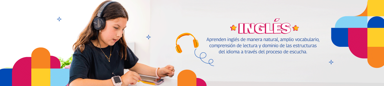 Banner de Inglés: niña con auriculares estudiando en tablet, aprendizaje por escucha y lectura. Clases de inglés.