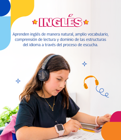 Banner de Inglés: chica con auriculares escribiendo en hojas y tablet, comprensión lectora y escucha. Clases de inglés.