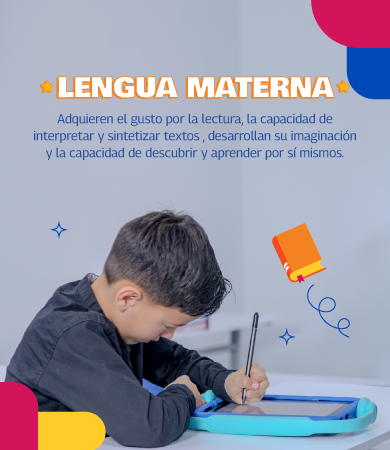 Banner Lengua Materna: niño con tablet y lápiz digital, gusto por la lectura y síntesis de textos. Clases de lengua materna.