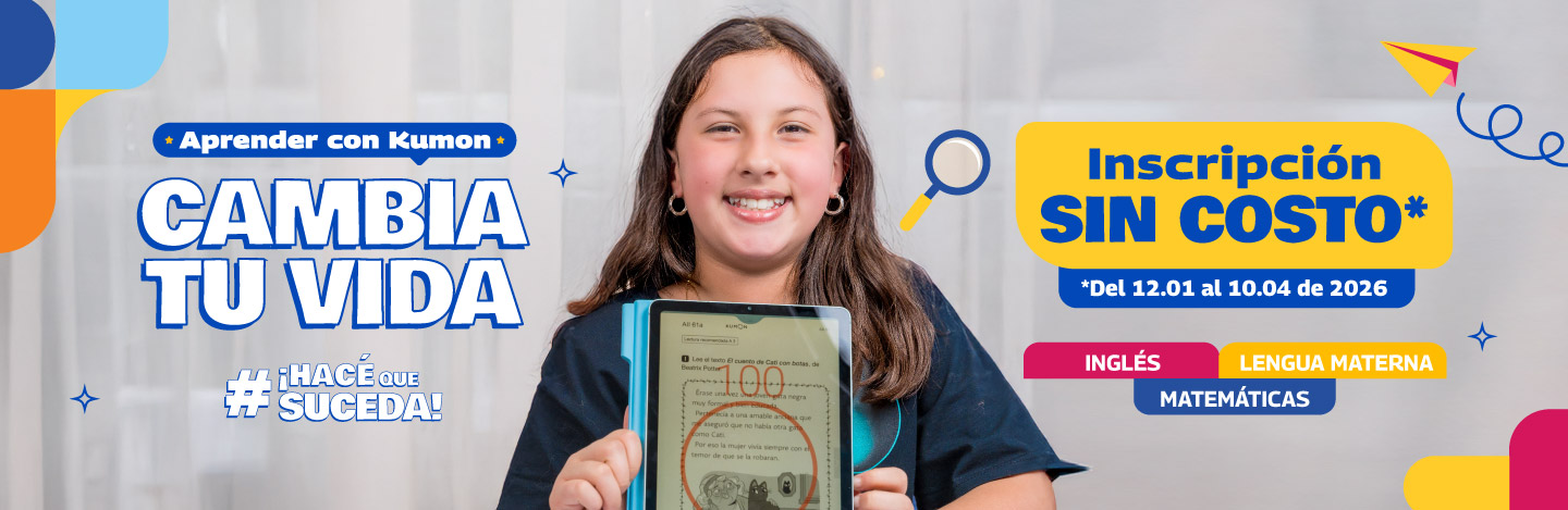Promoción de Kumon con estudiante y tablet: vos practicás Inglés, Lengua Materna y Matemáticas, “Cambia tu vida”.