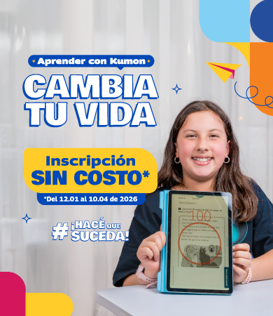 Promoción de Kumon con estudiante y tablet: vos practicás Inglés, Lengua Materna y Matemáticas, “Cambia tu vida”.