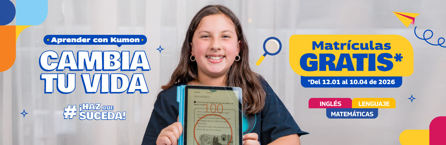 Estudiante con tablet en banner de Kumon; tú estudias Inglés, Español y Matemáticas con apoyo digital.