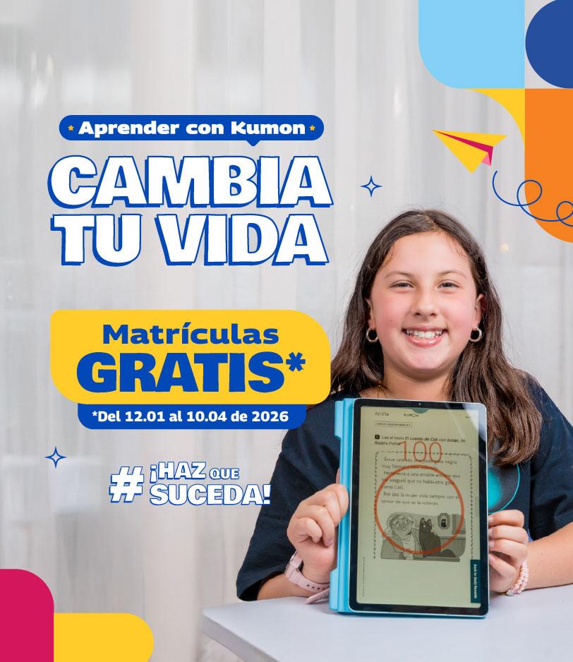 Estudiante con tablet en banner de Kumon; tú estudias Inglés, Español y Matemáticas con apoyo digital.