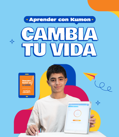 Estudiante con tablet en banner de Kumon; tú estudias Inglés, Lenguaje y Matemáticas con aprendizaje digital.