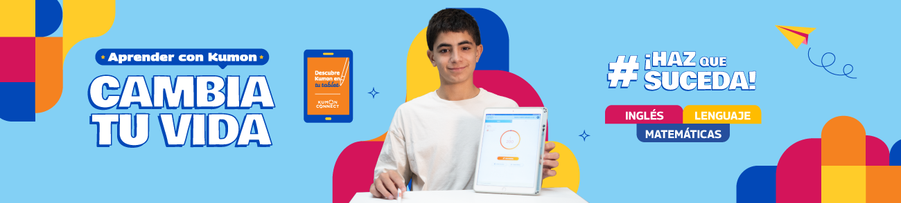 Estudiante con tablet en banner de Kumon; tú estudias Inglés, Lenguaje y Matemáticas con aprendizaje digital.