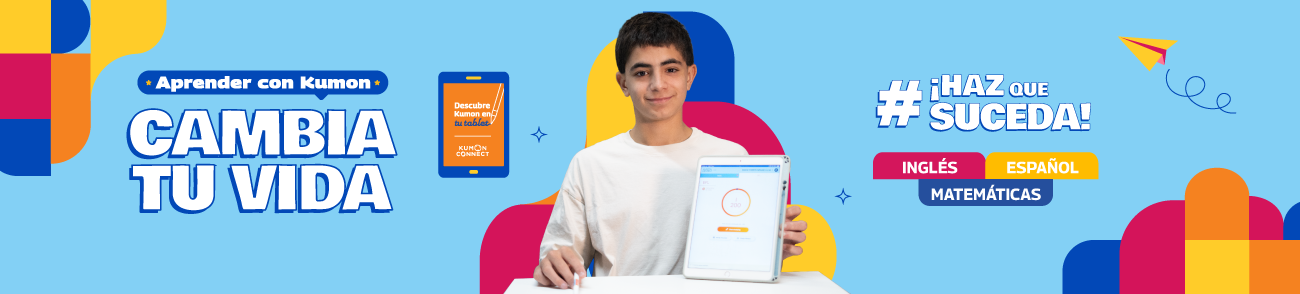 Joven con tablet en banner de Kumon; tú estudias Inglés, Español y Matemáticas con apoyo digital.