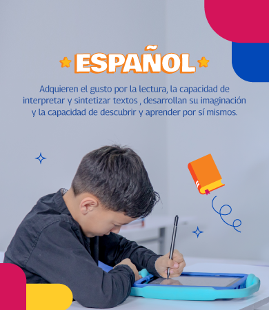 Estudiante escribiendo en tablet en Kumon; tú fortaleces Español y habilidades de lectura y síntesis.