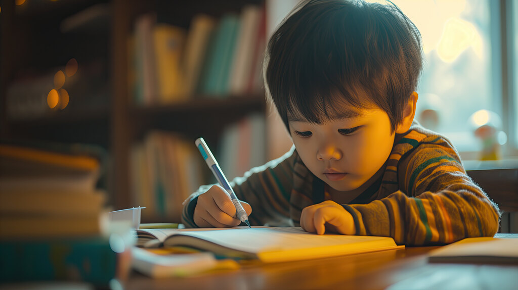 Criança japonesa utilizando material didático Kumon para estudar.