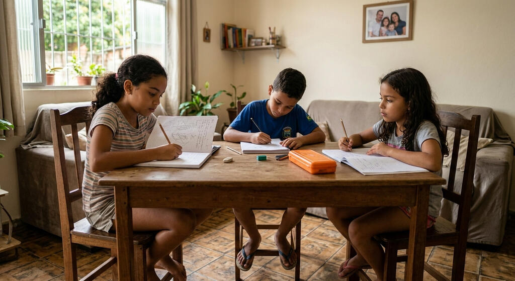 Três crianças estudando com cadernos em mesa de madeira dentro de casa.
