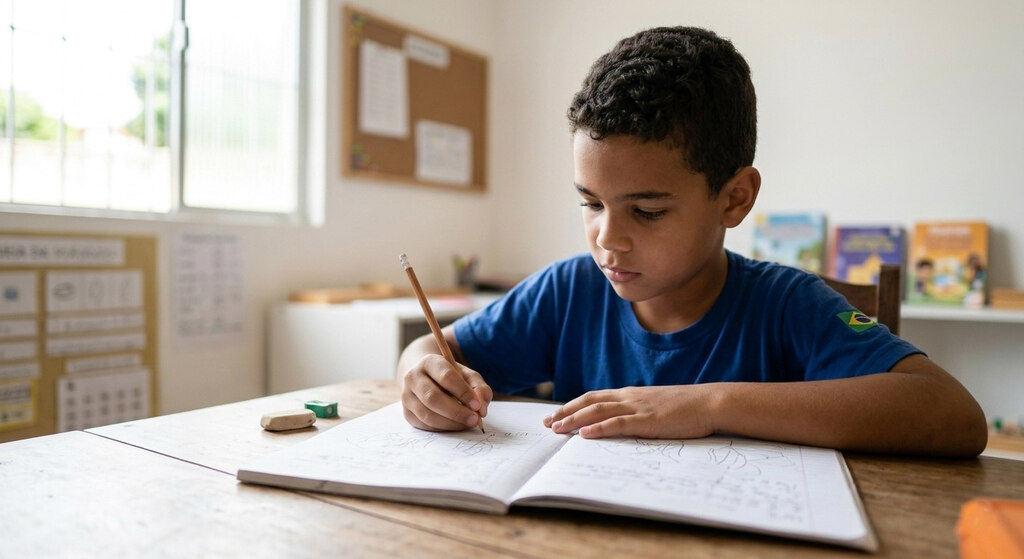 Menino estudando em sala de aula do Kumon.