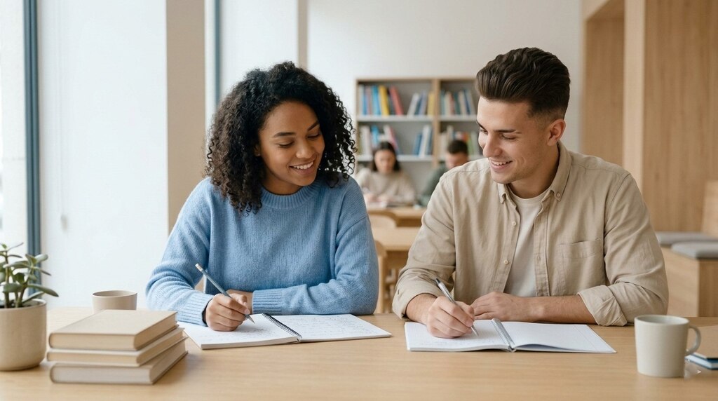 Homem e mulher estudando quando usar o "have been" em biblioteca.