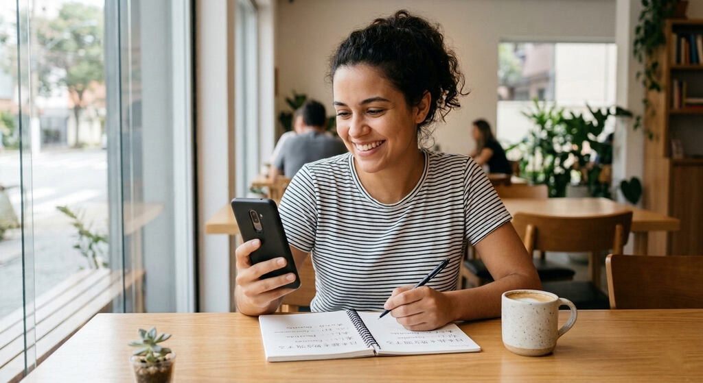 Mulher sorridente em cafeteria pesquisando e estudando frases básicas em japonês.