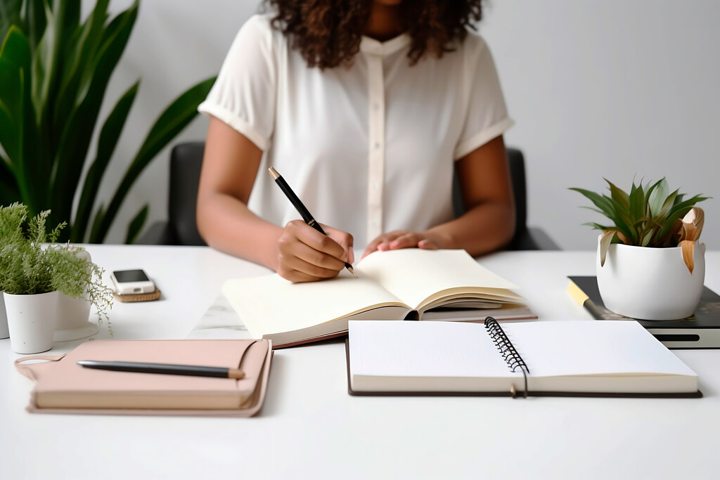 Mulher utilizando cadernos para estudar tudo sobre texto dissertativo-argumentativo.