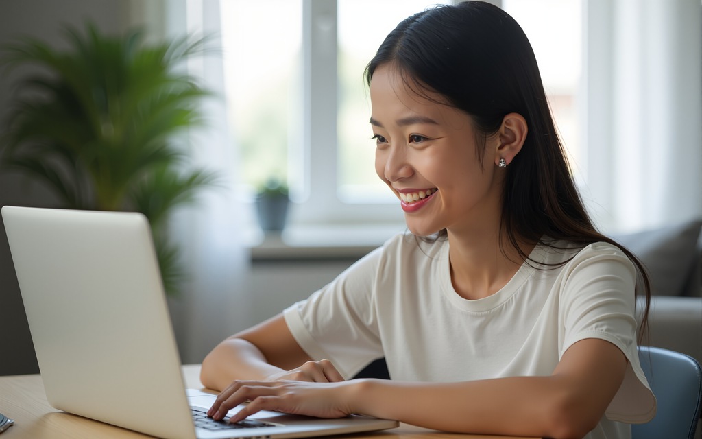 Mulher sorridente pesquisando o que são países anglófonos.