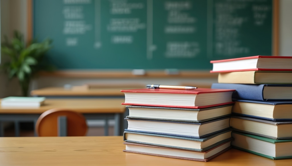 Duas pilhas de livros em sala de aula, simbolizando a diferença entre do e make.
