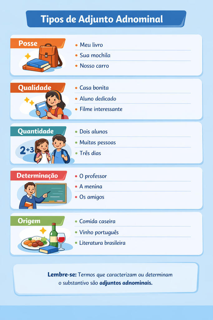 Infográfico explicando o que significa e tipos de adjunto adnominal.