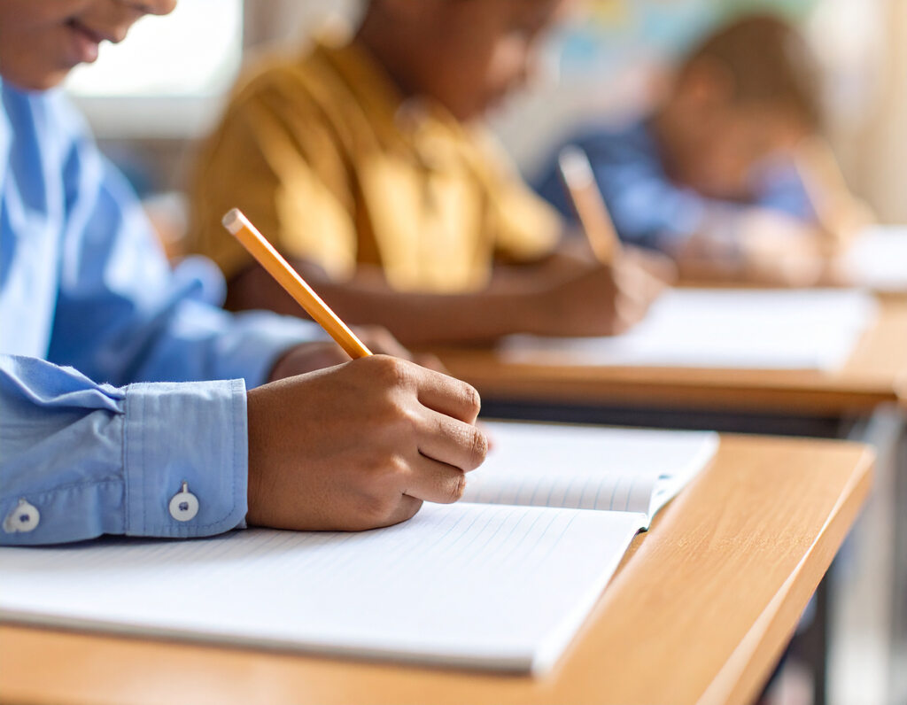 Três crianças em sala de aula, com cadernos abertos sobre a mesa, aprendendo qual a função do adjunto adnominal.