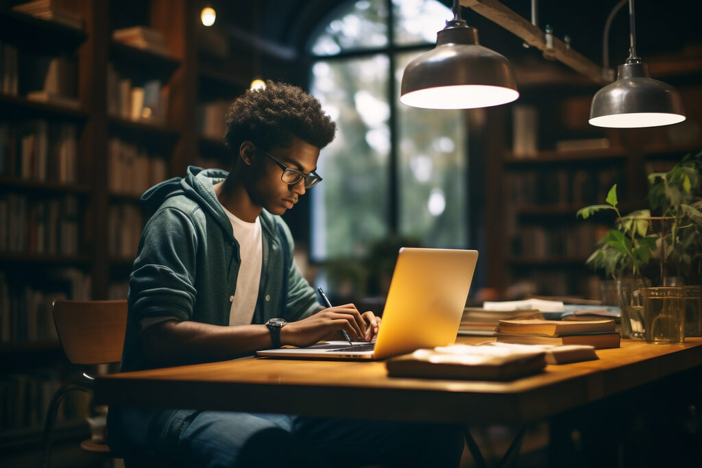Homem em escritório de estudos, pesquisando exemplos de verbos abundantes.