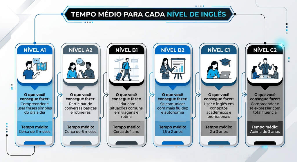 Infográfico digital mostrando dicas para aprender inglês e tempo médio de aprendizado para cada nível.