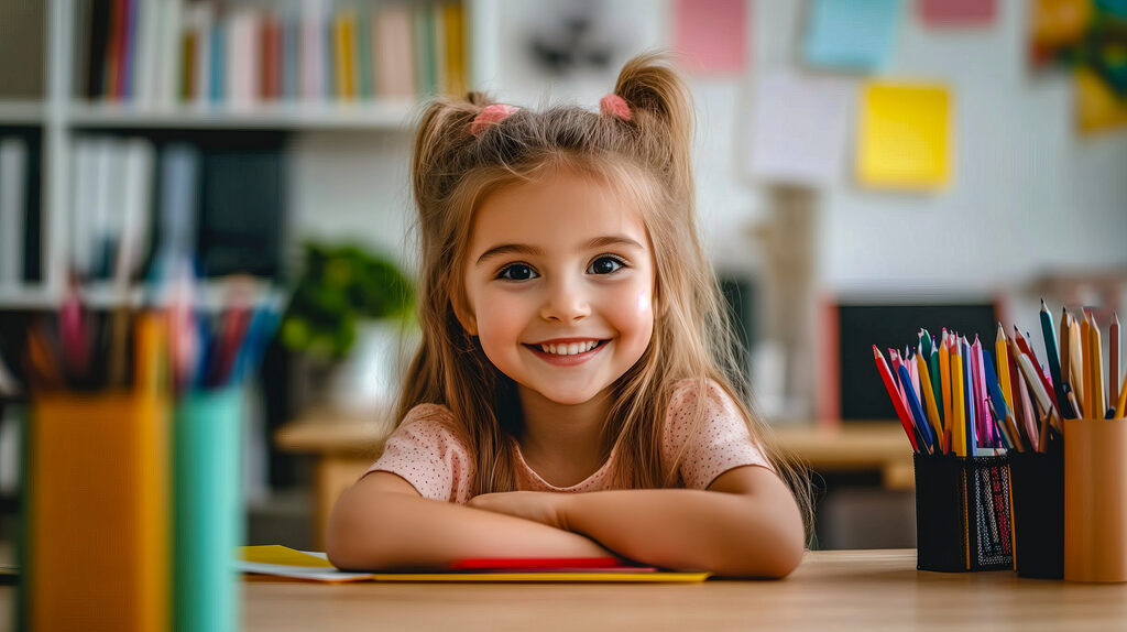 Menina sorridente em sala de aula, aprendendo o que é regência verbal.