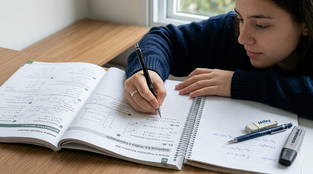 Menina utilizando material didático Kumon para estudar com o método Kumon.