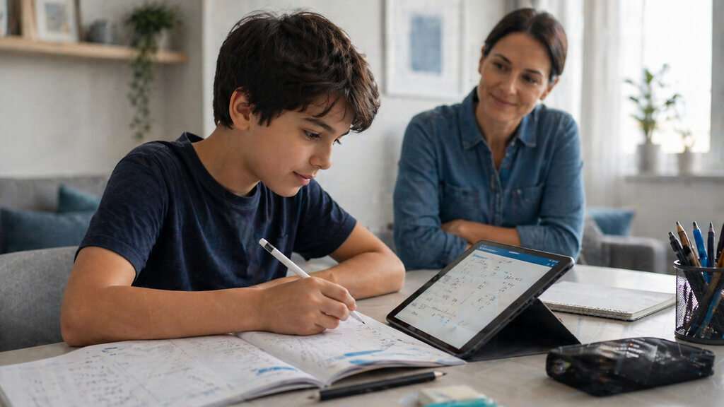 Aluno e mãe estudando em casa, utilizando material didático Kumon.