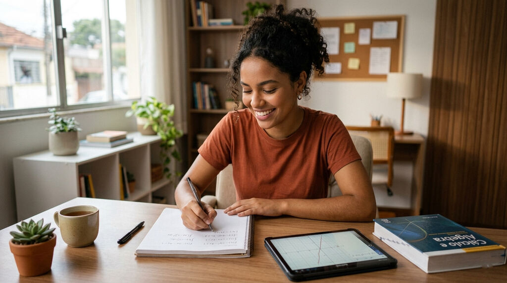 Mulher sorridente estudando operações matemáticas básicas.