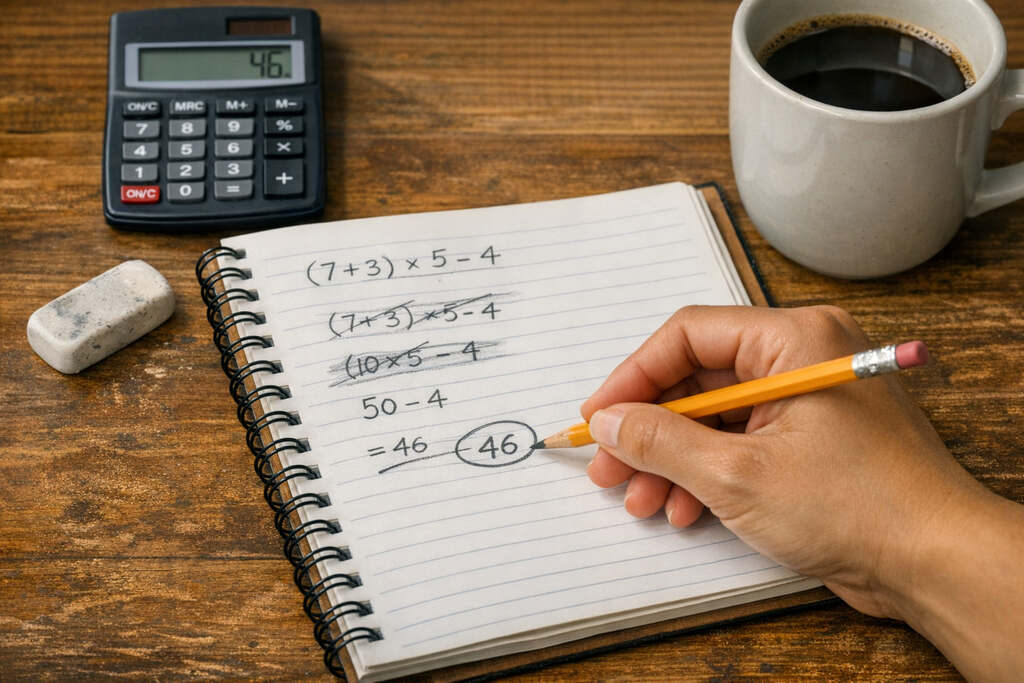 Pessoa realizando estudo sobre ordem das operações matemáticas.