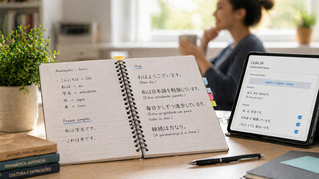 Caderno e tablet mostrando uma das línguas mais difíceis de aprender, o japonês.