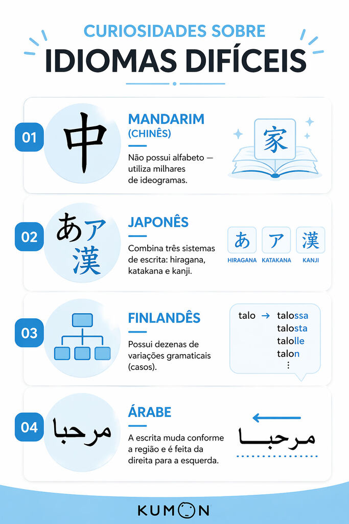 Infográfico digital mostrando dicas e curiosidades para aprender idiomas difíceis.
