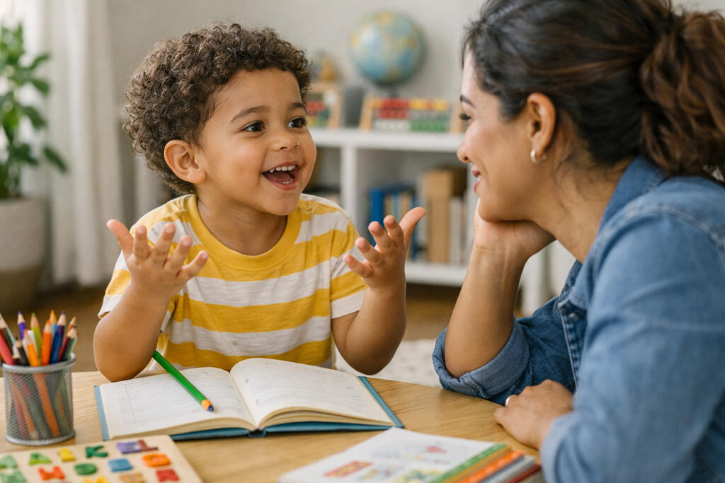 Criança sorrindo e falando com mãe, representando o desenvolvimento da fala por idade.
