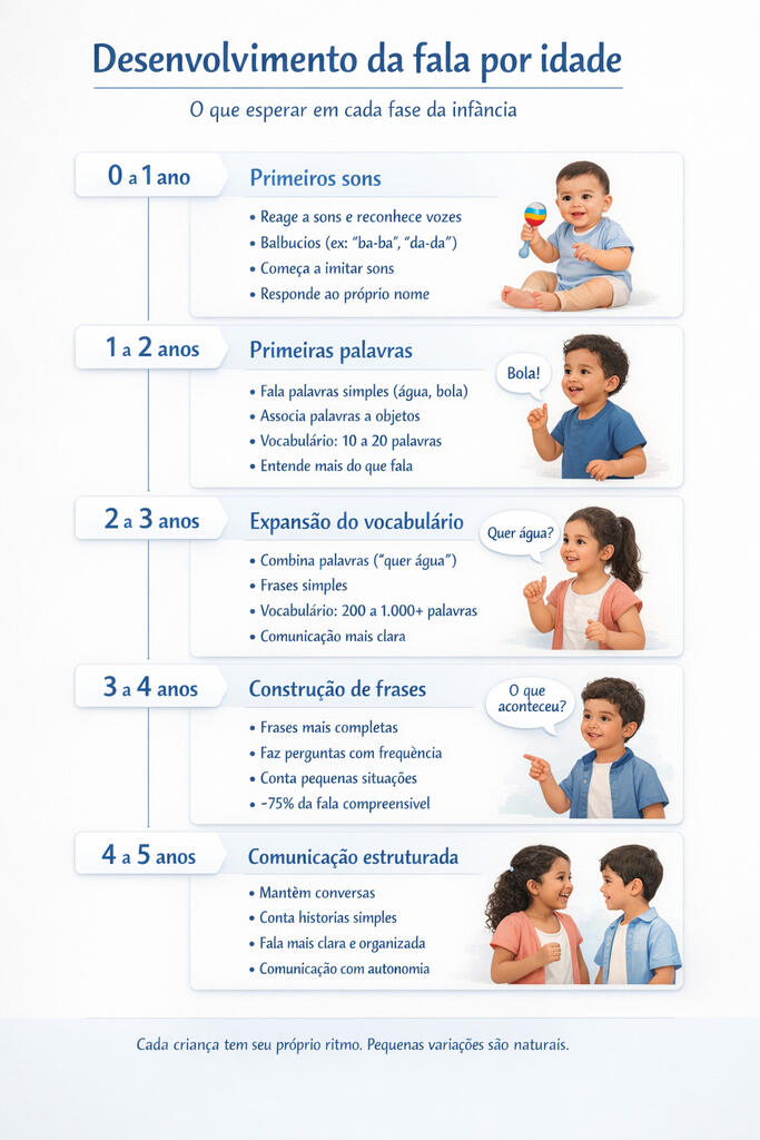 Infográfico digital mostrando marcos da fala infantil por idade.