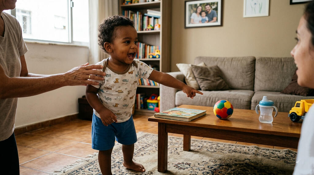 Criança pequena apontando para bola de brinquedo, ao lado de pais presenciando quando a criança começa a falar.