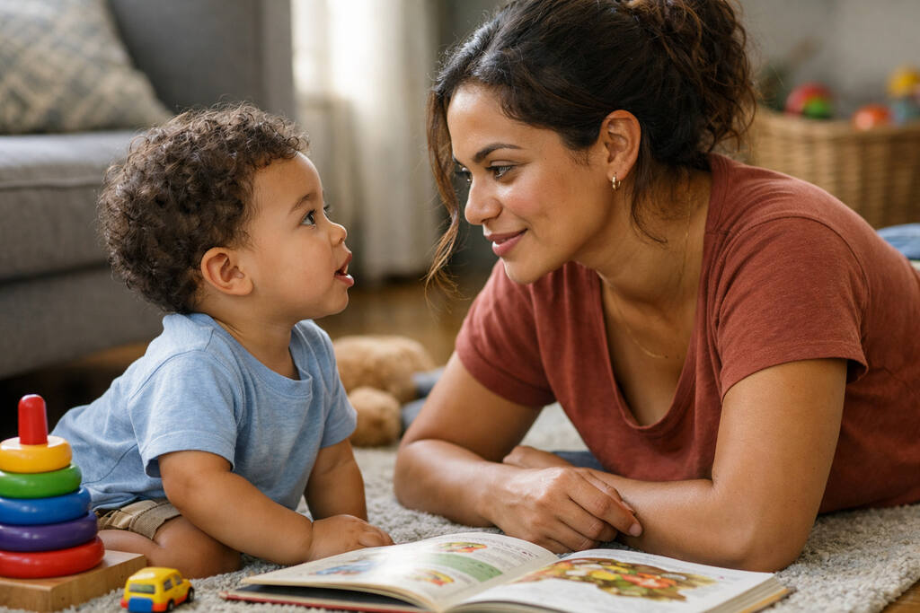 Mãe e criança brincando, representando como estimular a fala infantil em casa.