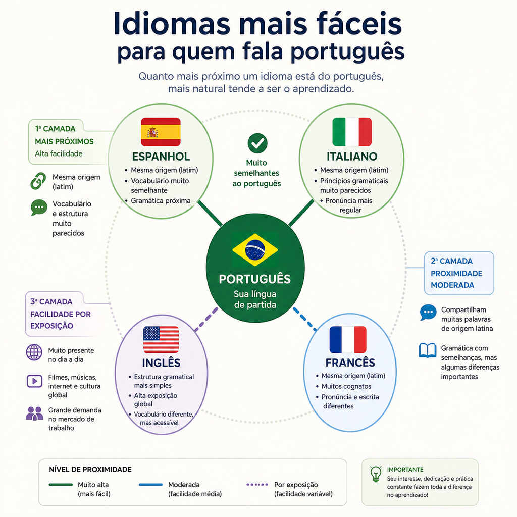 Infográfico mostrando idiomas mais fáceis para quem fala português.