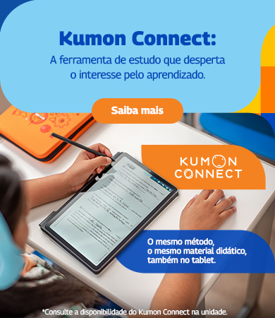 Kumon Connect: aluno utilizando tablet para estudar com o método Kumon digital, com o mesmo material didático adaptado para a tela